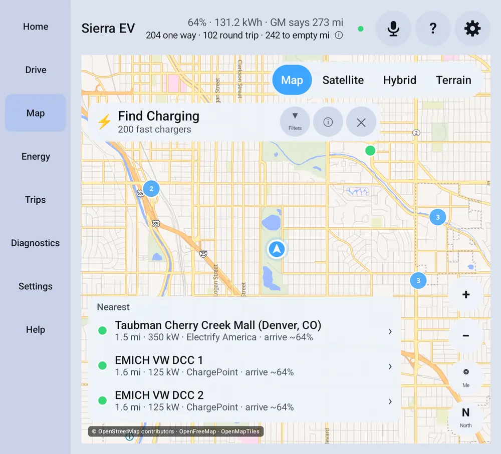 The map with Find Charging: the nearest fast chargers with the charge you'd arrive with